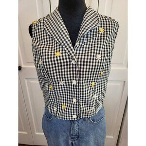 Vintage 90s Black/White Gingham Sleeveless Button Up Embroidered Cottagecore